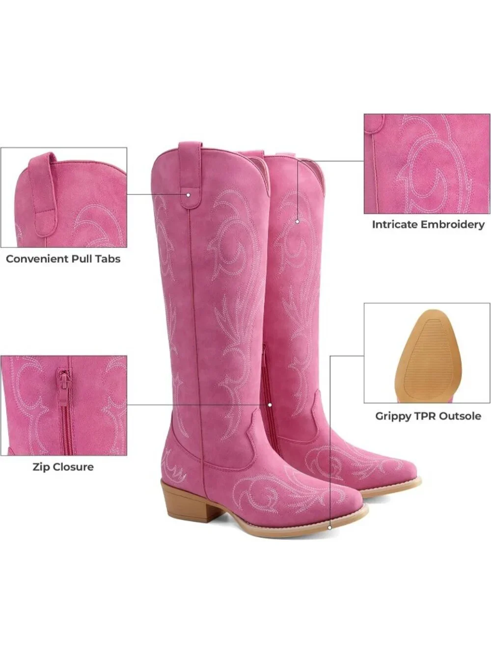 Women's Pink Rubber Cowgirl Knee High Pointed Toe Block Heel Embroiderd Boots